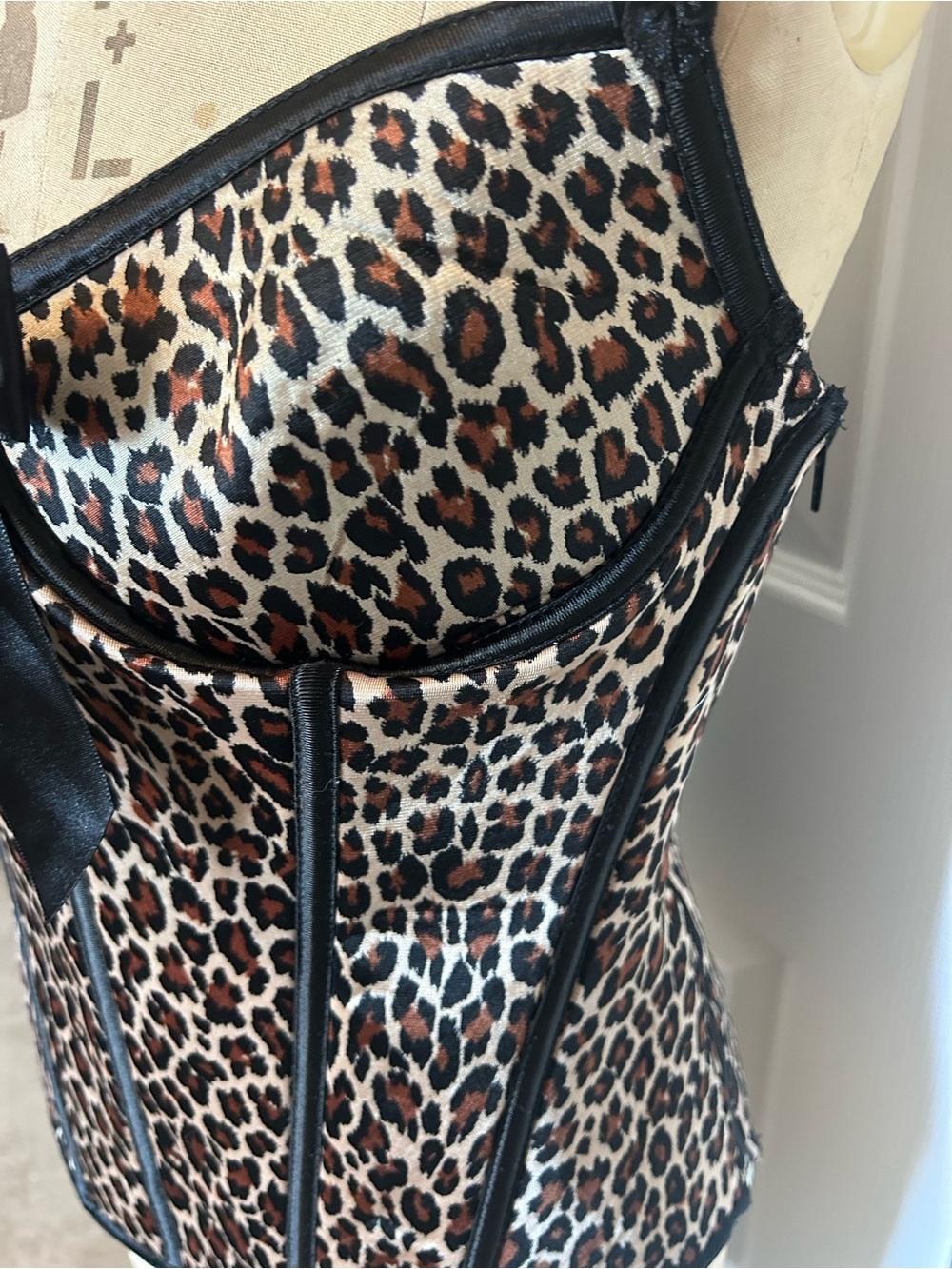 Leopard Print Satin Bustier Camisole with Black Trim - Picture 3 of 6